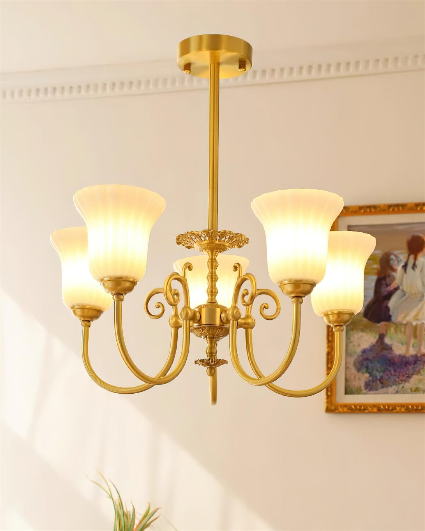 Vivienne Brass Chandelier, Fluted Glass Shades with Ornate Arms