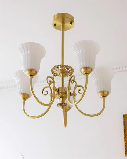 Vivienne Brass Chandelier, Fluted Glass Shades with Ornate Arms