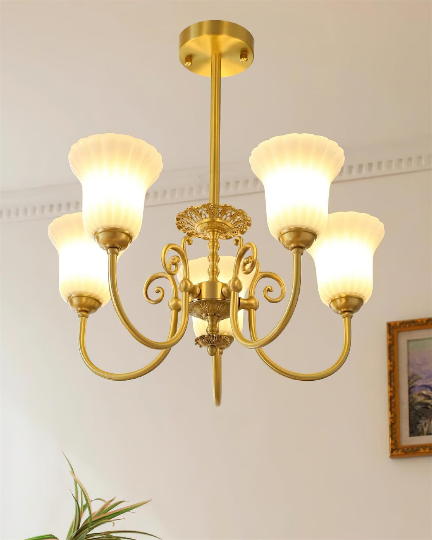Vivienne Brass Chandelier, Fluted Glass Shades with Ornate Arms