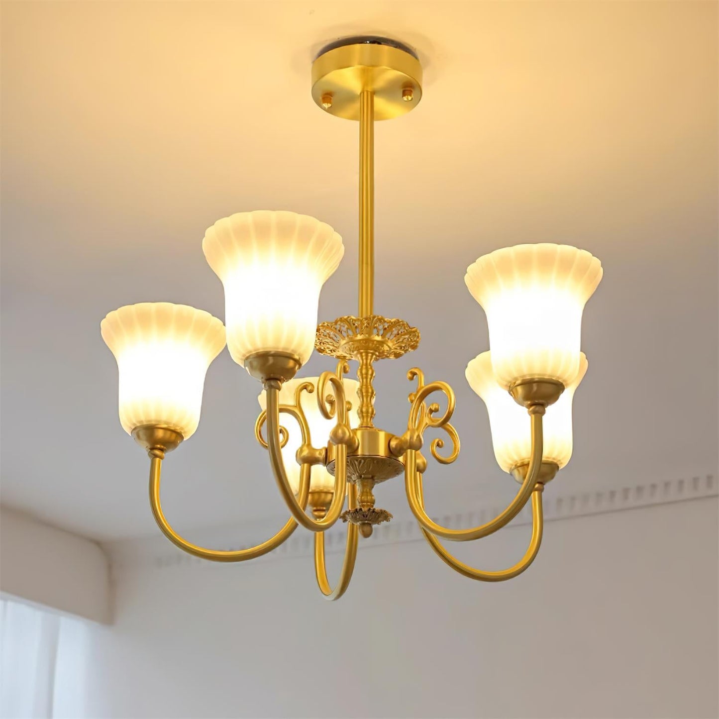 Vivienne Brass Chandelier, Fluted Glass Shades with Ornate Arms