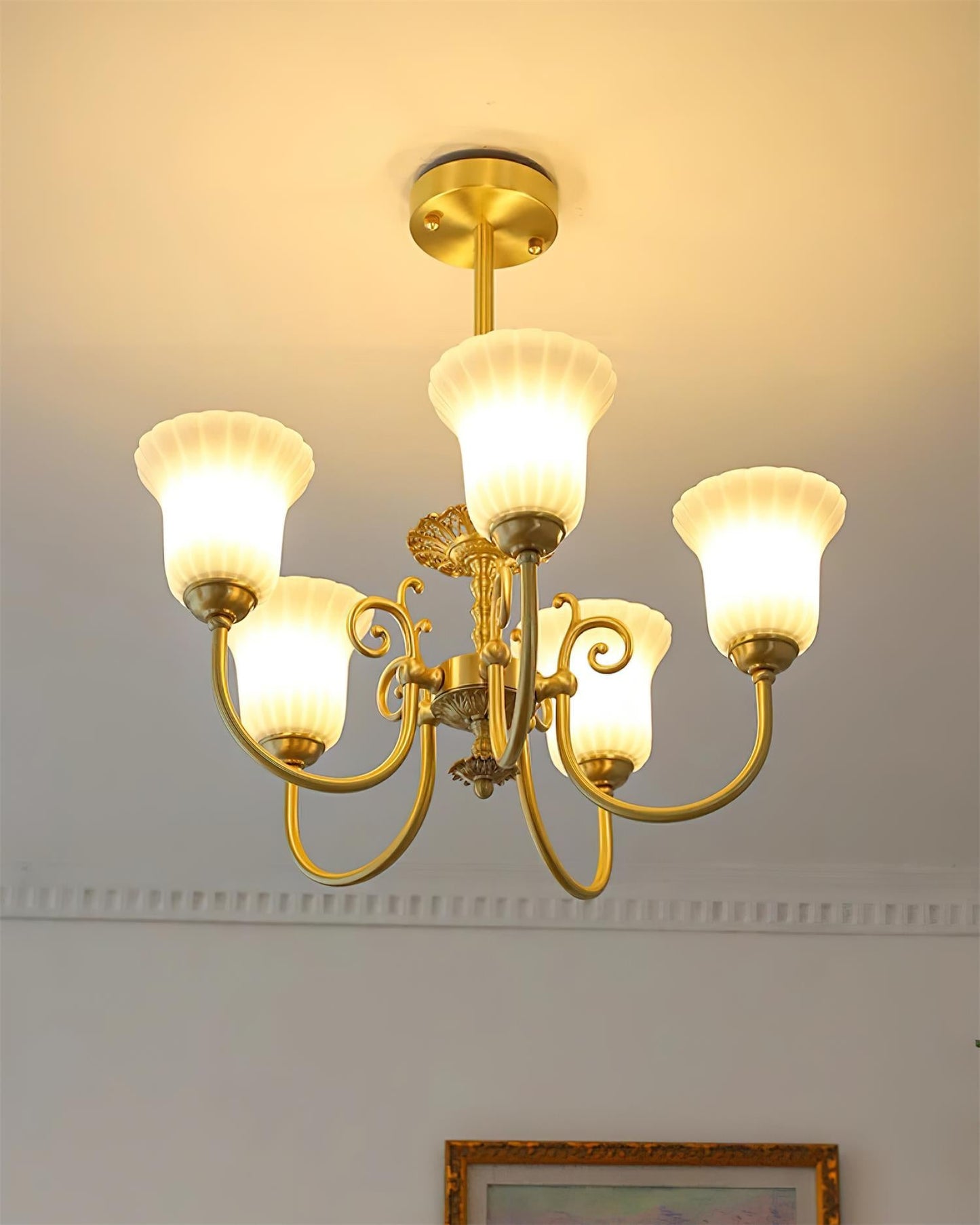 Vivienne Brass Chandelier, Fluted Glass Shades with Ornate Arms