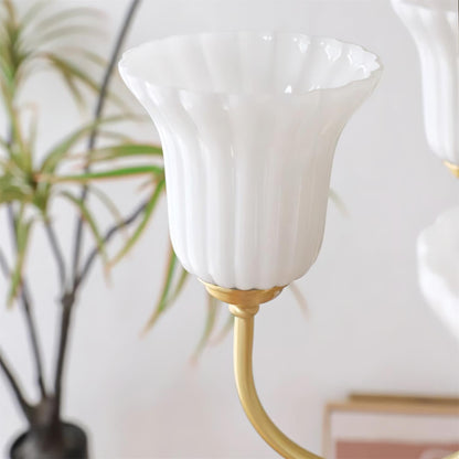 Vivienne Brass Chandelier, Fluted Glass Shades with Ornate Arms