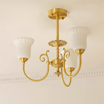 Vivienne Brass Chandelier, Fluted Glass Shades with Ornate Arms