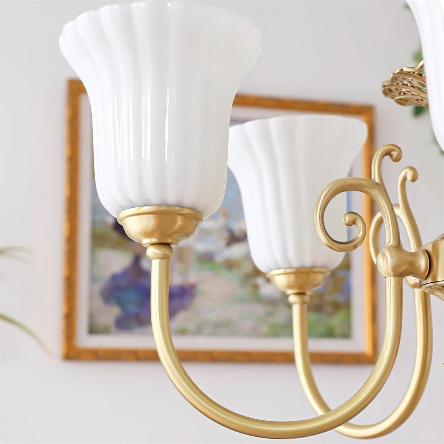 Vivienne Brass Chandelier, Fluted Glass Shades with Ornate Arms