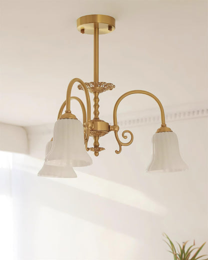 Vivienne Brass Chandelier, Fluted Glass Shades with Ornate Arms