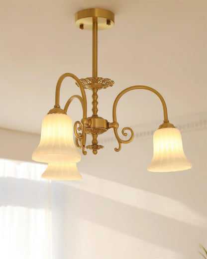 Vivienne Brass Chandelier, Fluted Glass Shades with Ornate Arms