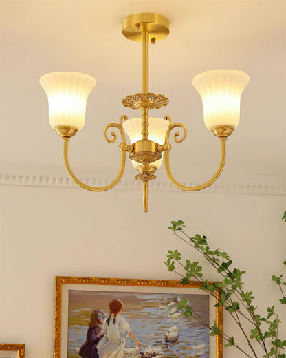 Vivienne Brass Chandelier, Fluted Glass Shades with Ornate Arms