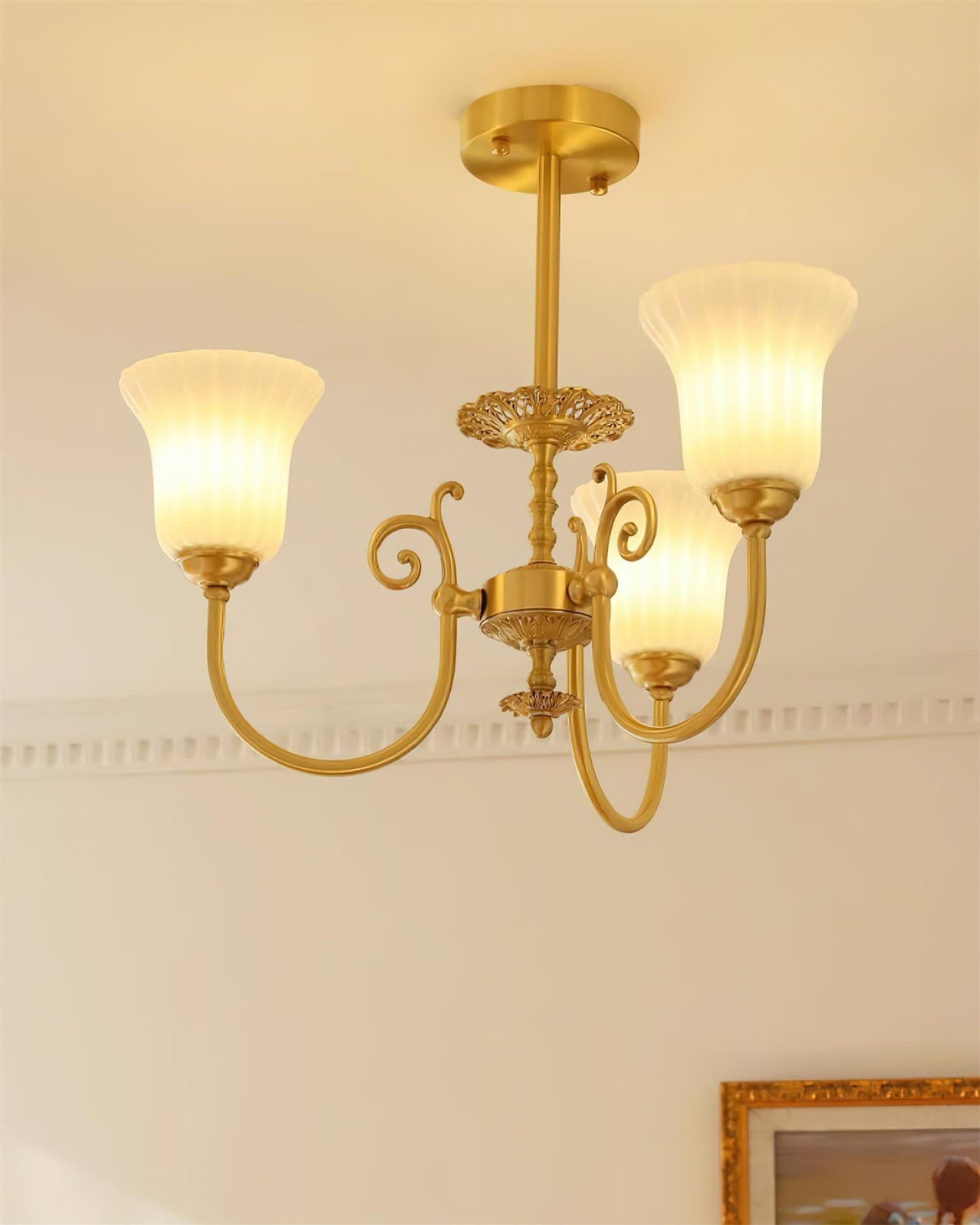 Vivienne Brass Chandelier, Fluted Glass Shades with Ornate Arms