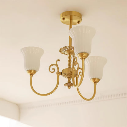 Vivienne Brass Chandelier, Fluted Glass Shades with Ornate Arms