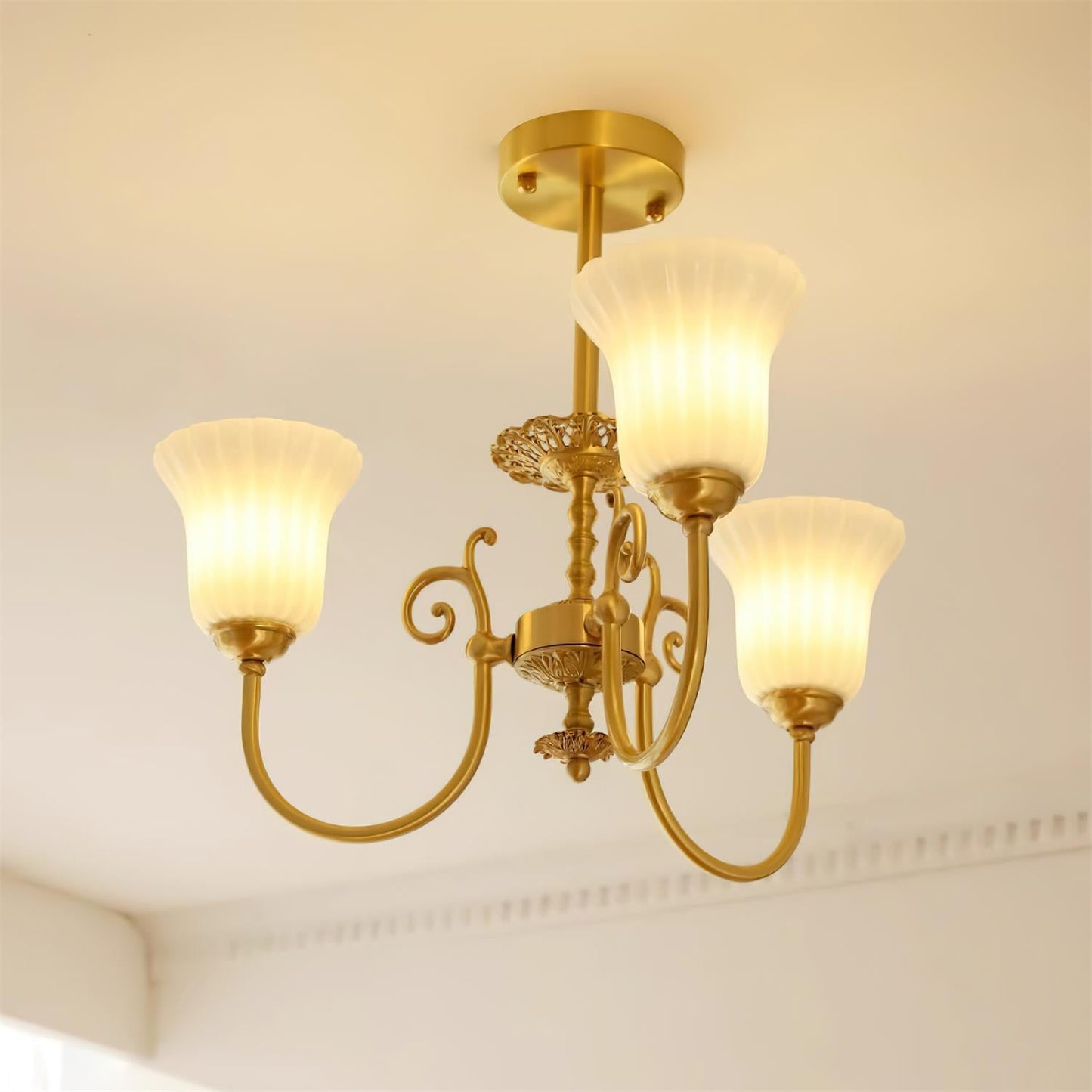 Vivienne Brass Chandelier, Fluted Glass Shades with Ornate Arms