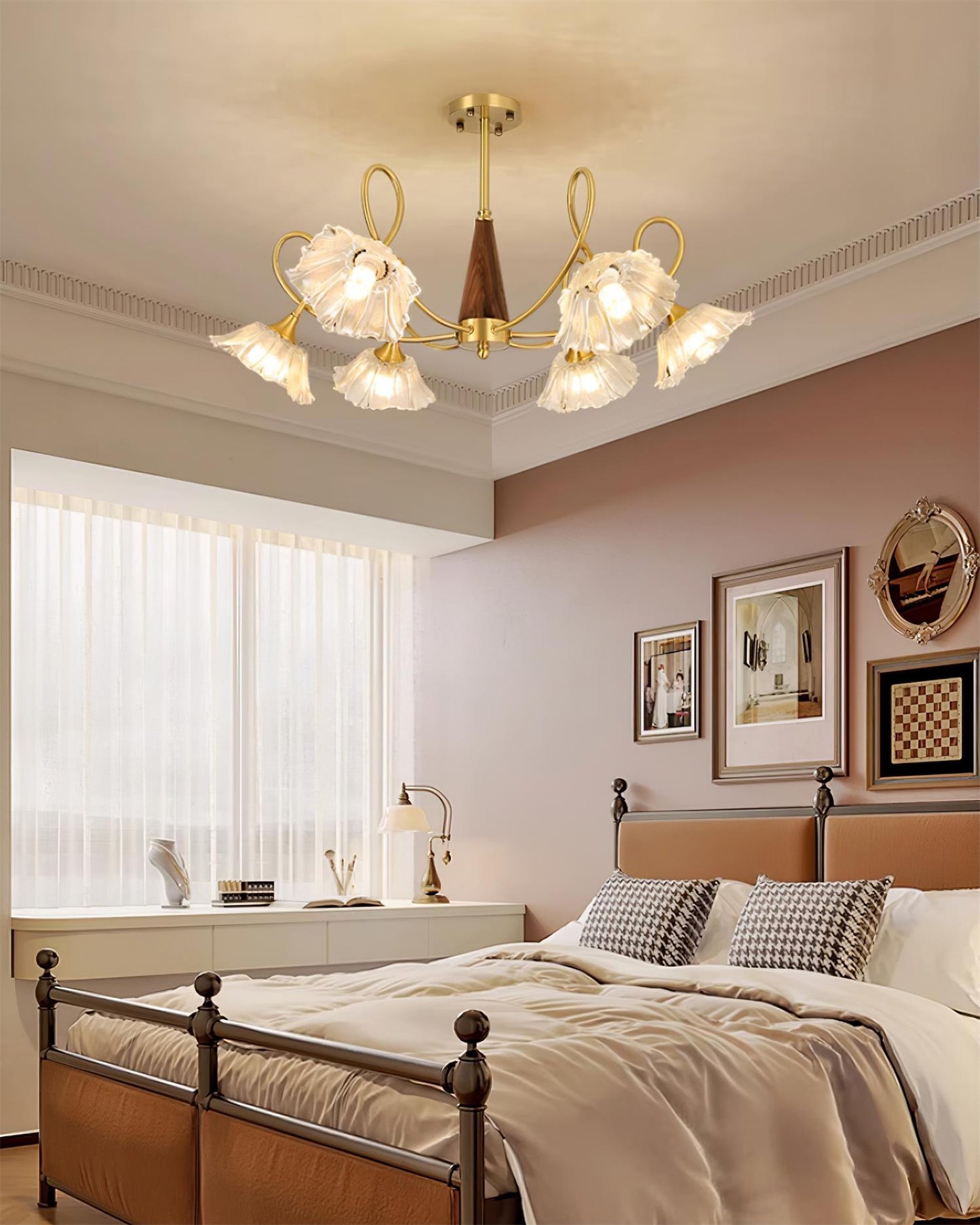 Fleur Lotus Chandelier, Lily Glass Shades with Brass and Wood Frame
