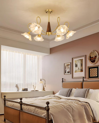 Fleur Lotus Chandelier, Lily Glass Shades with Brass and Wood Frame