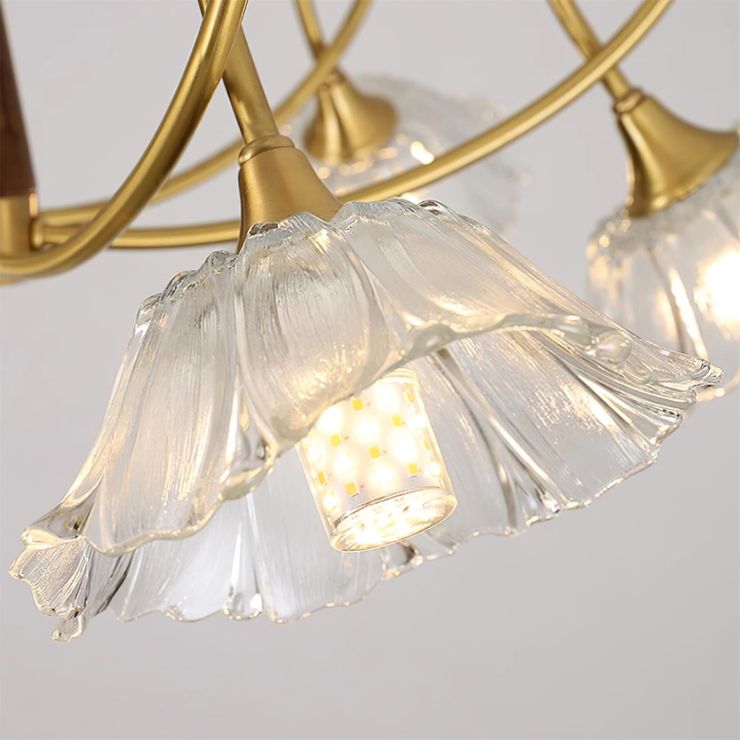 Fleur Lotus Chandelier, Lily Glass Shades with Brass and Wood Frame