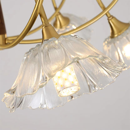 Fleur Lotus Chandelier, Lily Glass Shades with Brass and Wood Frame