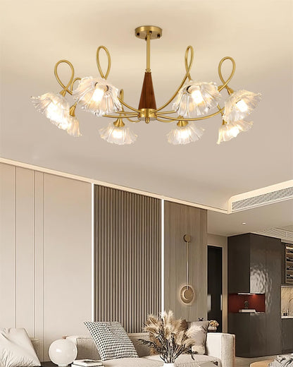 Fleur Lotus Chandelier, Lily Glass Shades with Brass and Wood Frame