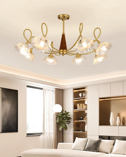 Fleur Lotus Chandelier, Lily Glass Shades with Brass and Wood Frame