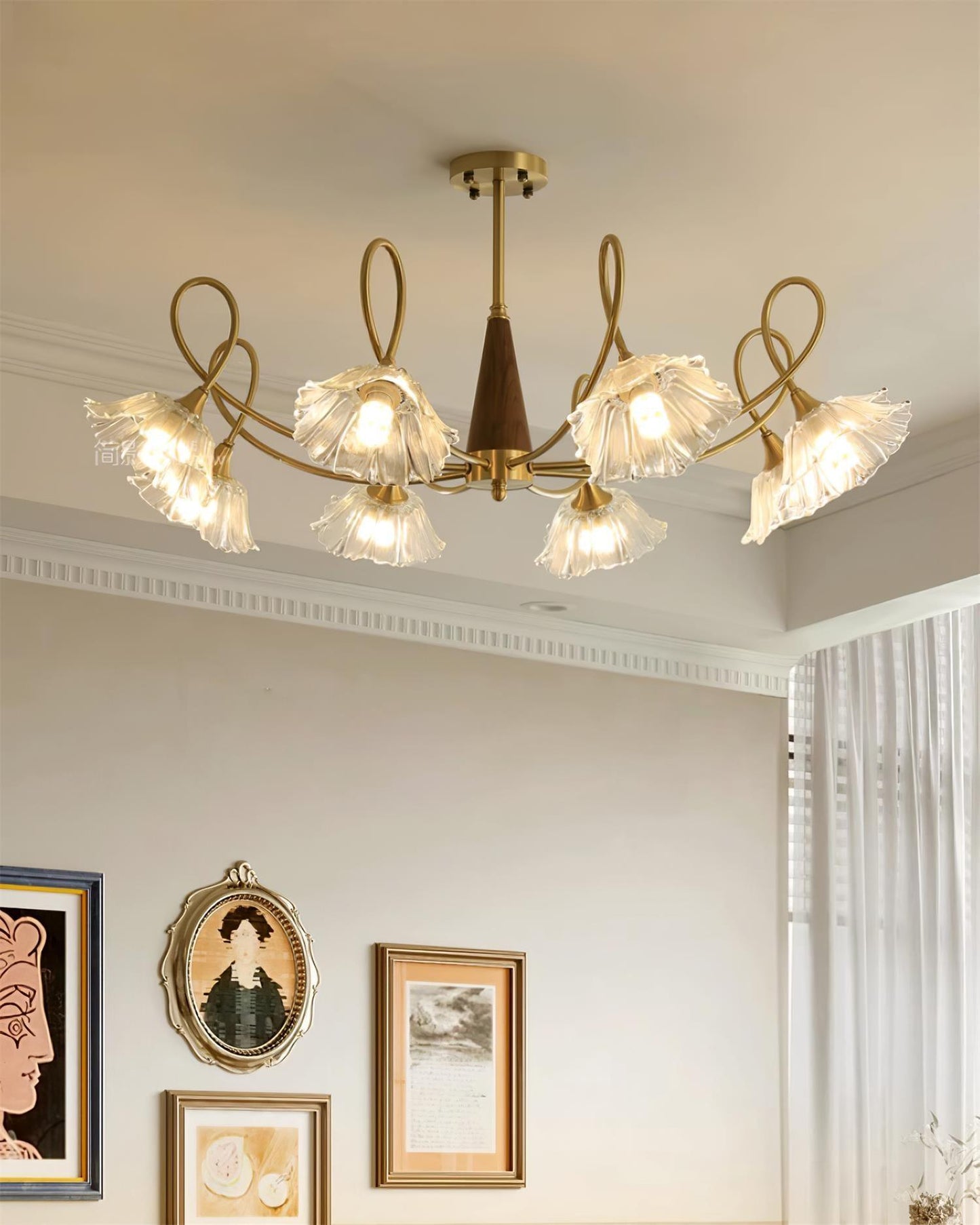 Fleur Lotus Chandelier, Lily Glass Shades with Brass and Wood Frame