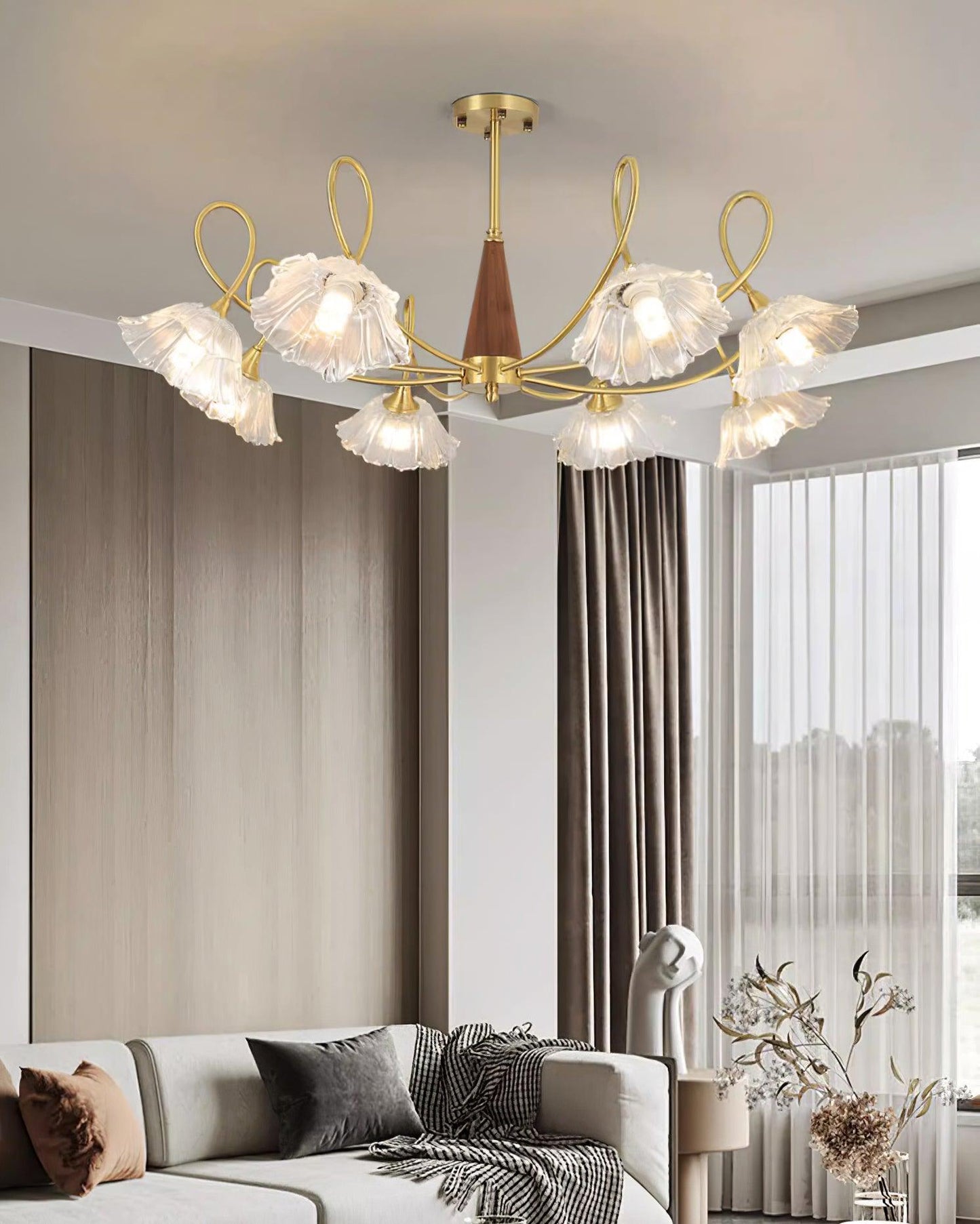 Fleur Lotus Chandelier, Lily Glass Shades with Brass and Wood Frame