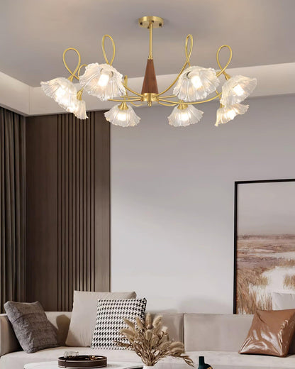 Fleur Lotus Chandelier, Lily Glass Shades with Brass and Wood Frame