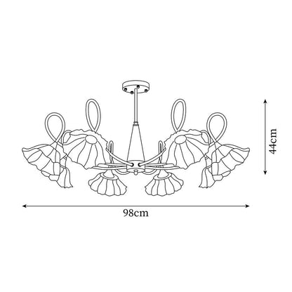 Fleur Lotus Chandelier, Lily Glass Shades with Brass and Wood Frame