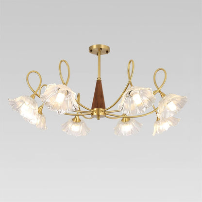 Fleur Lotus Chandelier, Lily Glass Shades with Brass and Wood Frame