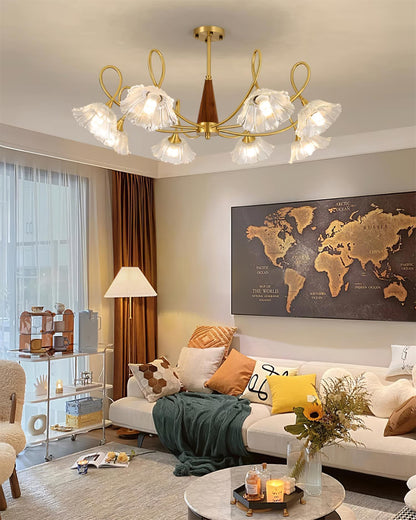 Fleur Lotus Chandelier, Lily Glass Shades with Brass and Wood Frame