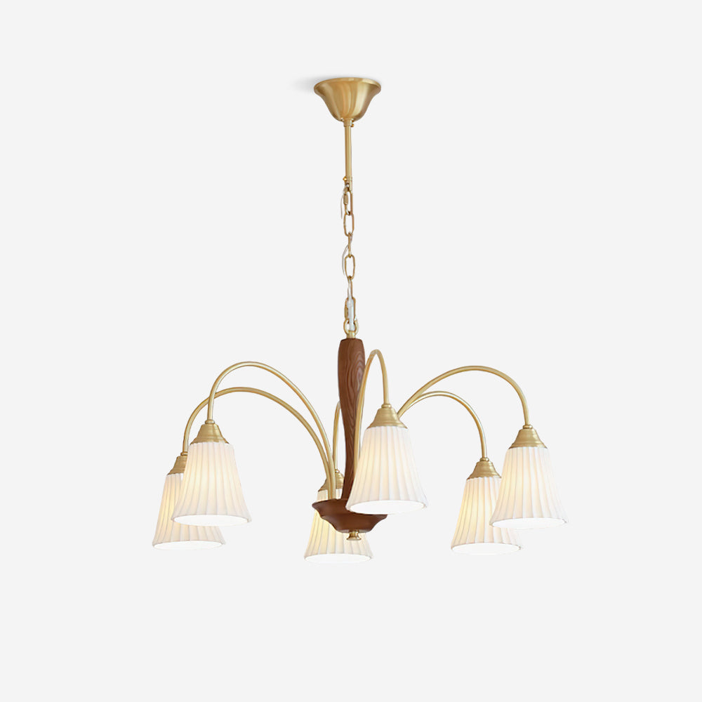 Sophie Chandelier, elegant, aus Messing und dunklem Holz mit Stoffschirmen