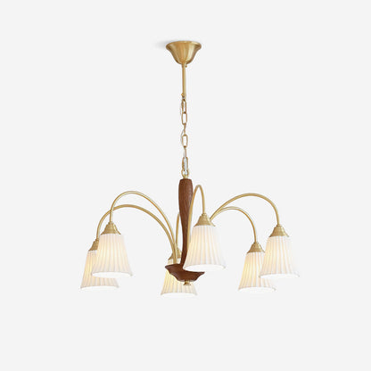 Sophie Chandelier, elegant, aus Messing und dunklem Holz mit Stoffschirmen