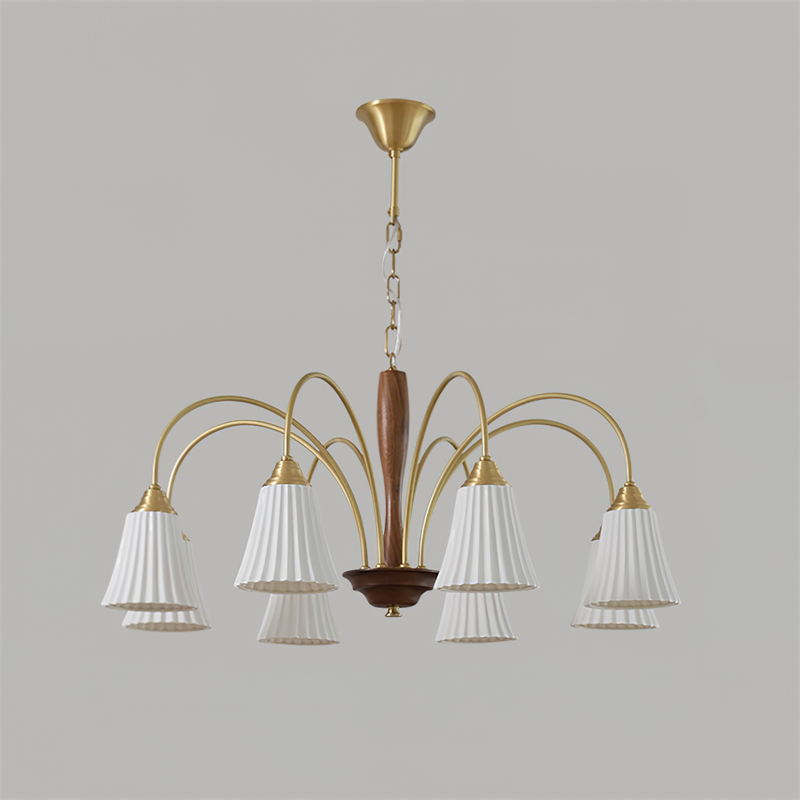 Sophie Chandelier, elegant, aus Messing und dunklem Holz mit Stoffschirmen