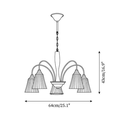 Sophie Chandelier, elegant, aus Messing und dunklem Holz mit Stoffschirmen
