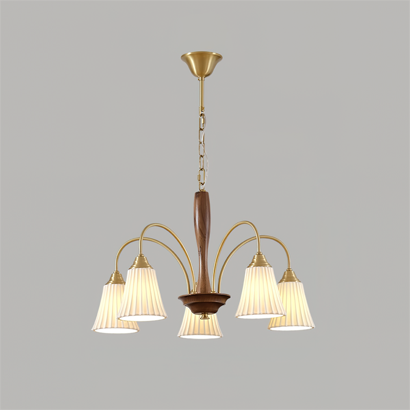 Sophie Chandelier, elegant, aus Messing und dunklem Holz mit Stoffschirmen
