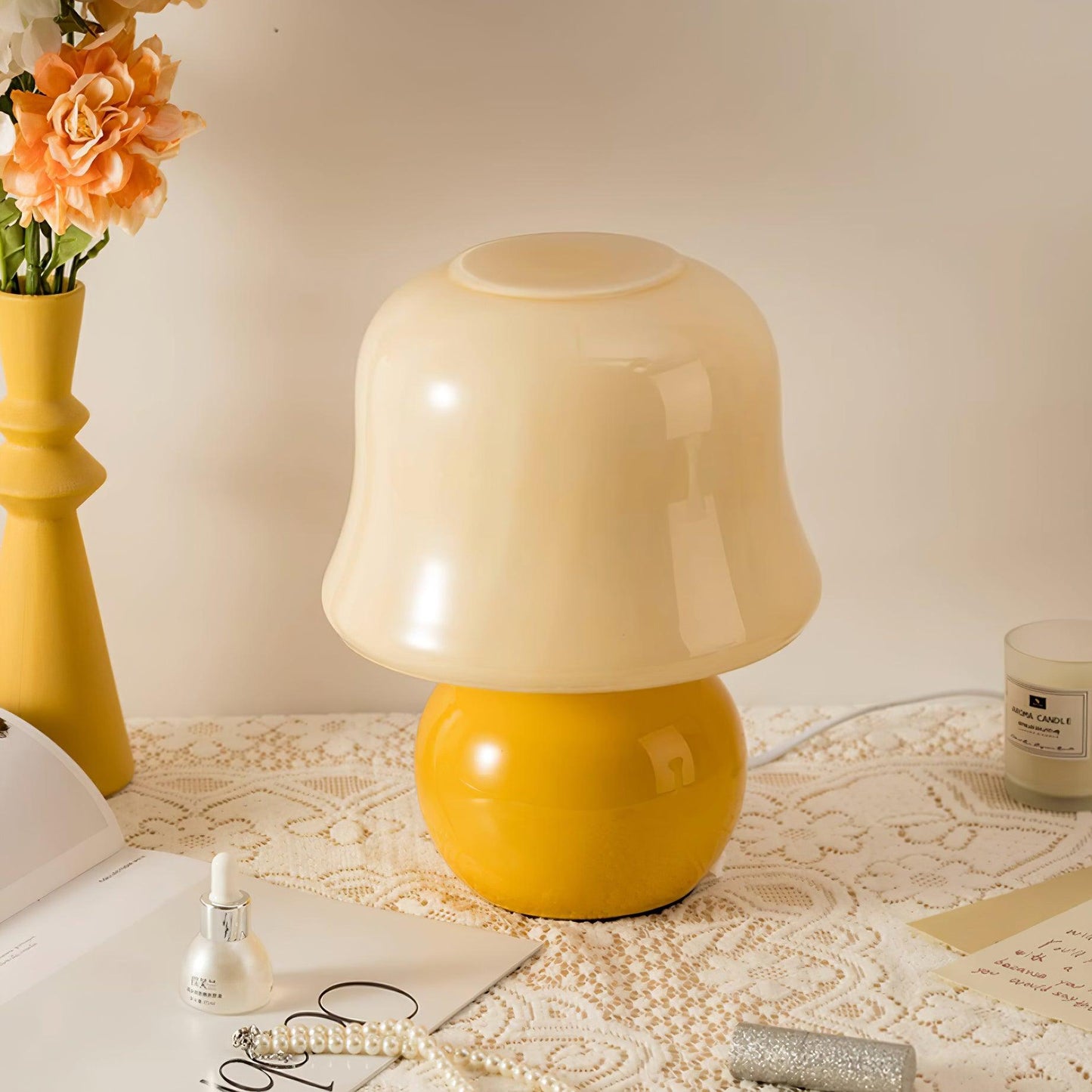 Giulia Cream Mushroom Table Lamp with Enamel Glass Shade