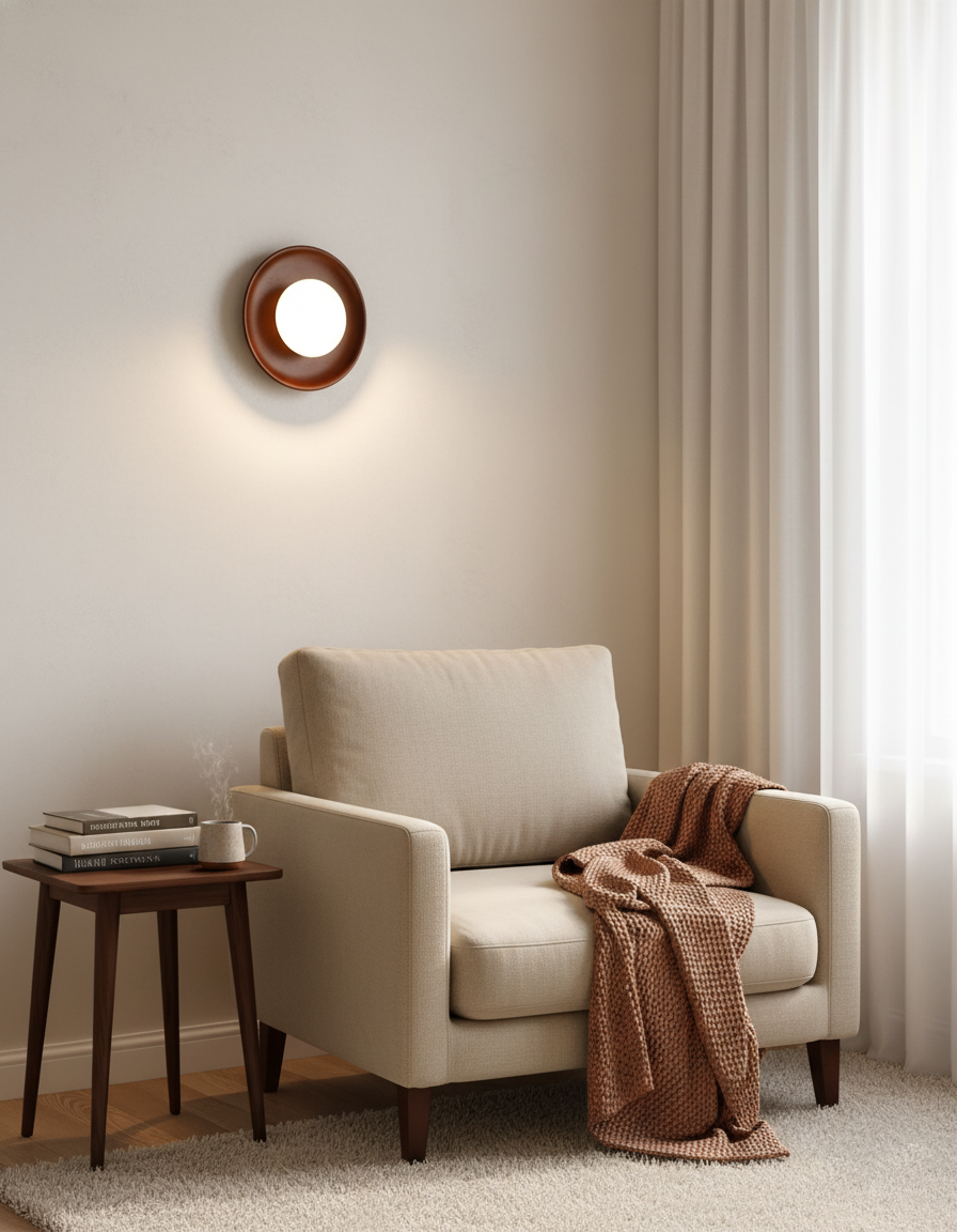 Sophie Dura Runde Wandlampe – Moderne Holz- & Glas-Innenbeleuchtung