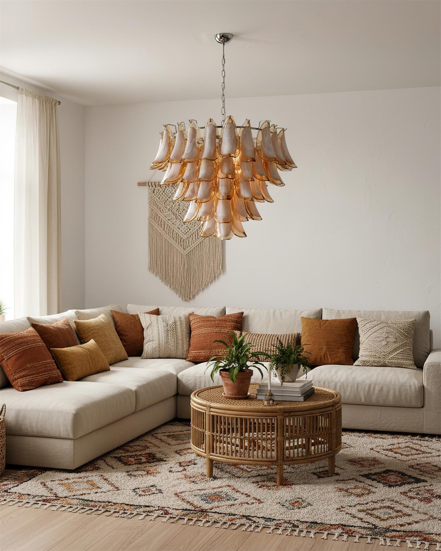 Giselle Petal-Kronleuchter, geschichtetes Glasblütendesign mit Metallrahmen