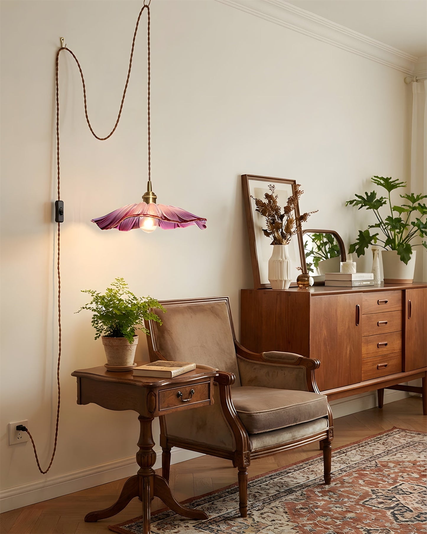 Élodie Flower Pendant Lamp, Glass Shade with Plug-In Design