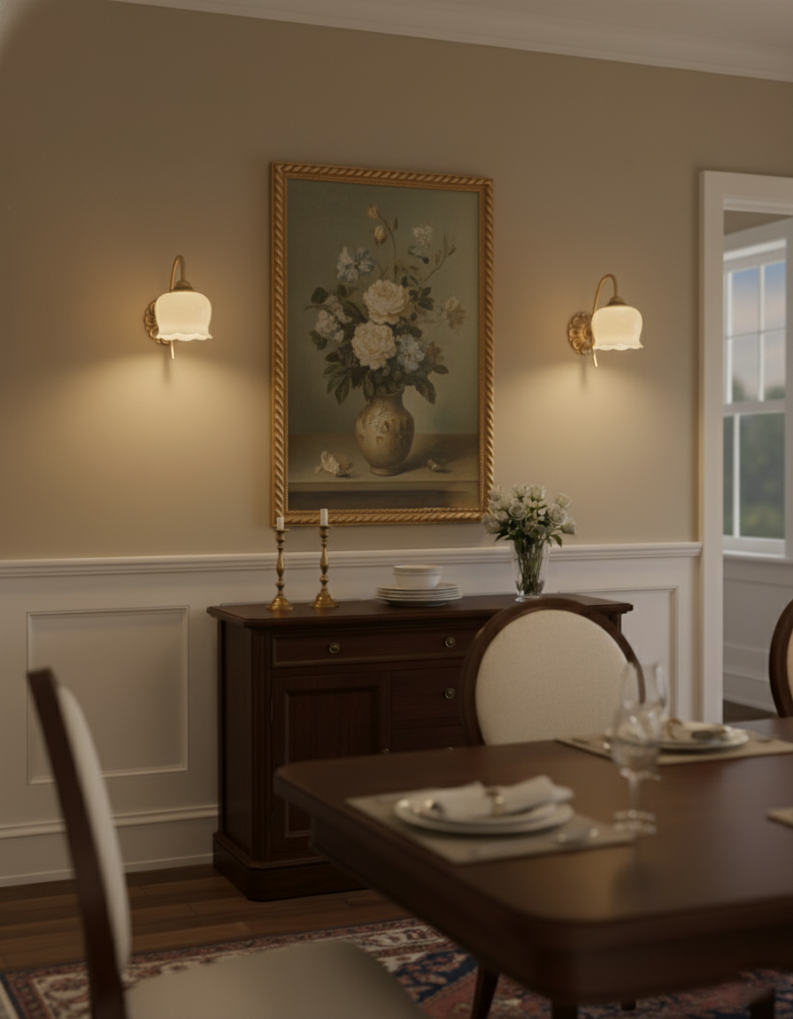 Mia Vintage Wall Lamp with Gold Finish and Beige Bell Orchid Accent