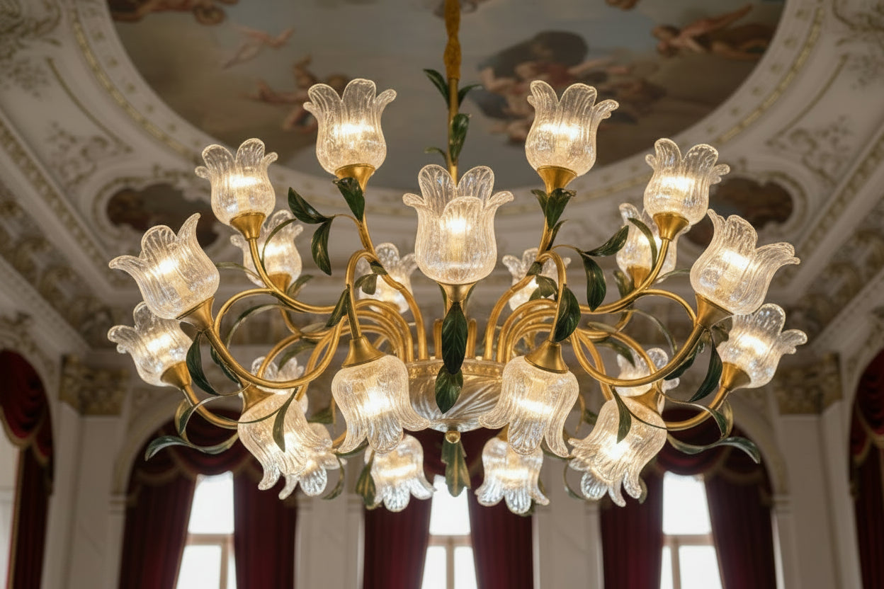 Gold chandelier with floral design in a room with curtains

