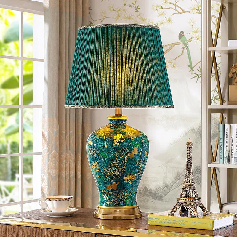 Retro Green Ceramic Table Lamp with Fabric Shade for Bedroom Living Room