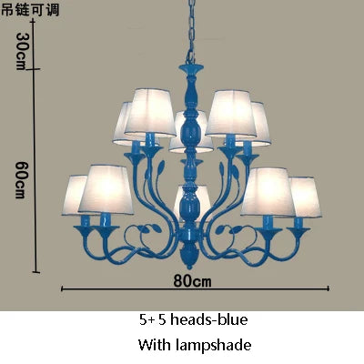 Luxury Rustic Wrought Iron Chandelier with Blue Candle LED Lights for Living Room