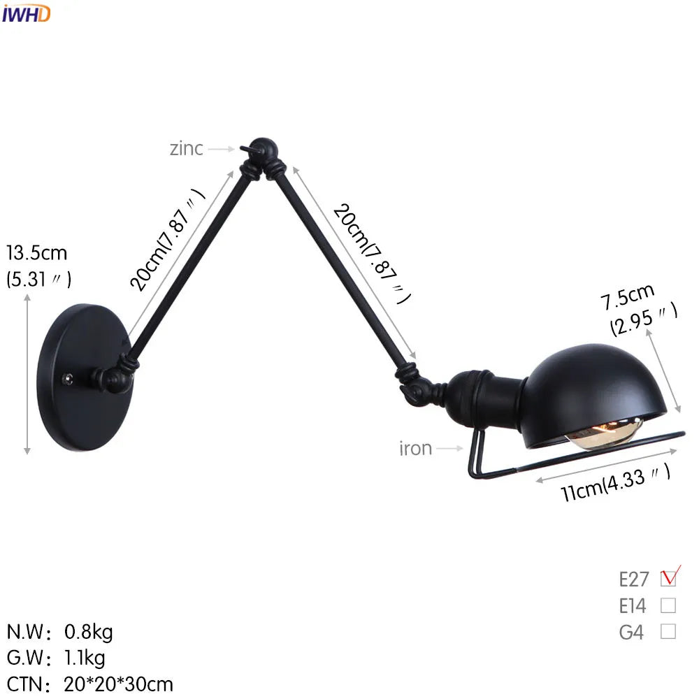 Colette Verstellbare Wandleuchte mit langem Arm Vintage