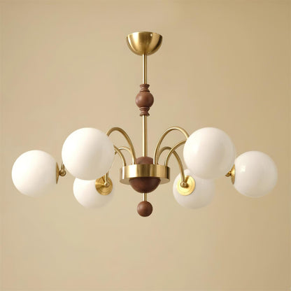 Margaux Chandelier, Opalglasschirme mit Holz- und Metallrahmen