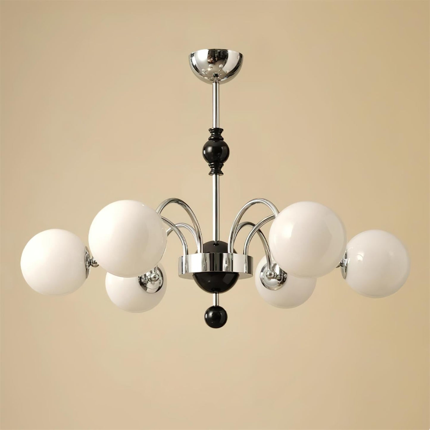 Margaux Chandelier, Opalglasschirme mit Holz- und Metallrahmen