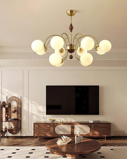 Margaux Chandelier, Opalglasschirme mit Holz- und Metallrahmen