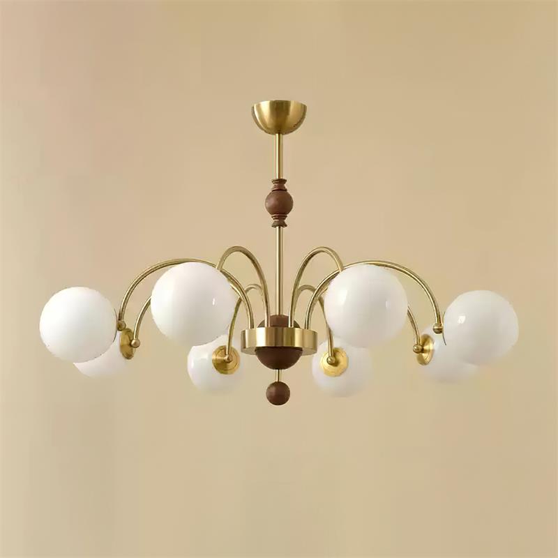 Margaux Chandelier, Opalglasschirme mit Holz- und Metallrahmen
