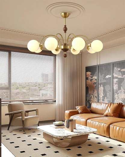 Margaux Chandelier, Opalglasschirme mit Holz- und Metallrahmen