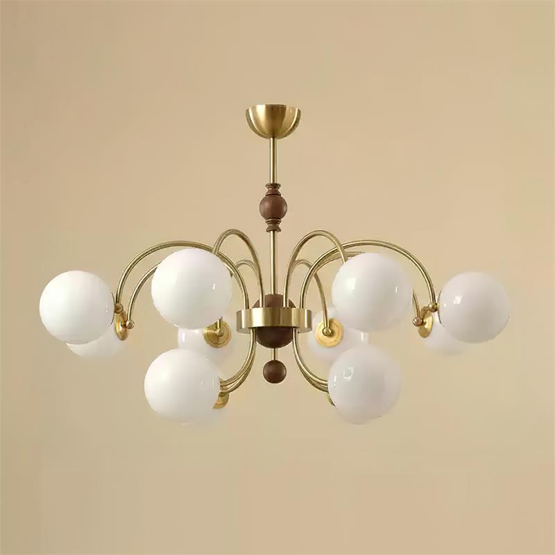 Margaux Chandelier, Opalglasschirme mit Holz- und Metallrahmen