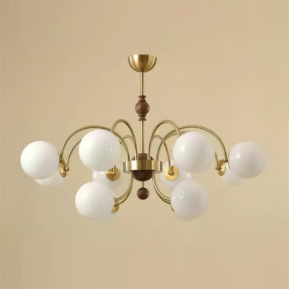 Margaux Chandelier, Opalglasschirme mit Holz- und Metallrahmen