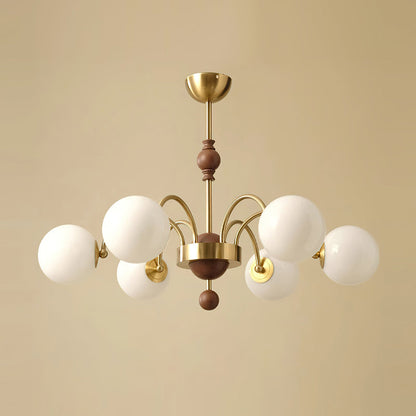 Margaux Chandelier, Opalglasschirme mit Holz- und Metallrahmen