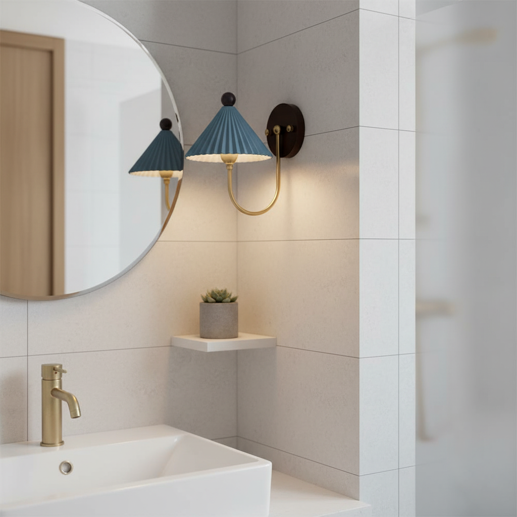 Elodie Ceramics Wall Lamp with Pleated Shade and Wood Accent