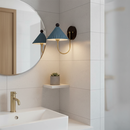 Elodie Ceramics Wall Lamp with Pleated Shade and Wood Accent
